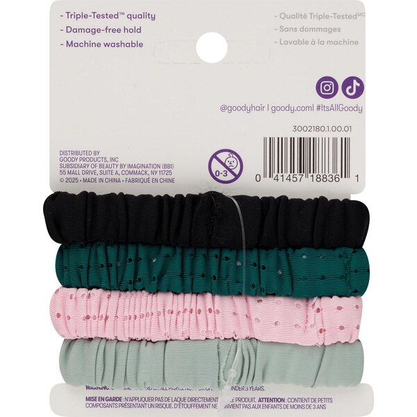 Goody Sport Ouchless Thin Scrunchies, Green & Pink, 4 CT
