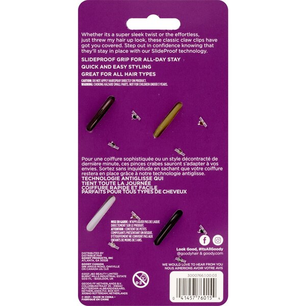 Goody Slideproof Medium Claw Clips, Assorted Colors, 4 CT