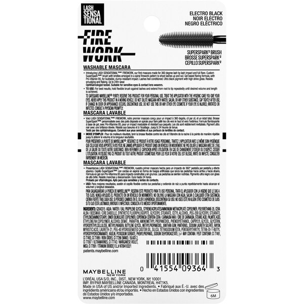 Maybelline New York Lash Sensations Firework Mascara, Washable Electro Black