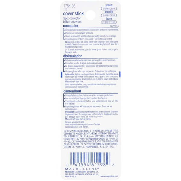 Maybelline Cover Stick Corrector Concealer, Yellow Corrects Dark Circles, 0.16 oz