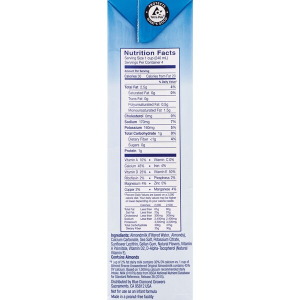 Blue Diamond Almond Breeze Unsweetened Almond Milk, 32 OZ