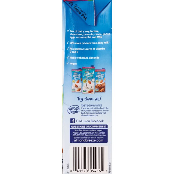 Blue Diamond Almond Breeze Unsweetened Almond Milk, 32 OZ