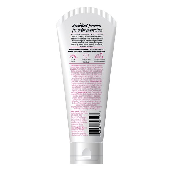 Summer's Eve Ultimate Odor Protection, Whole Body Deodorant Simply Sensitive, 3 OZ