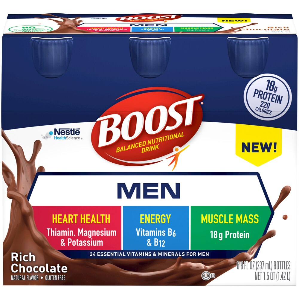 BOOST Men Balanced Nutritional Drink, Rich Chocolate, 6-8 fl oz Bottles