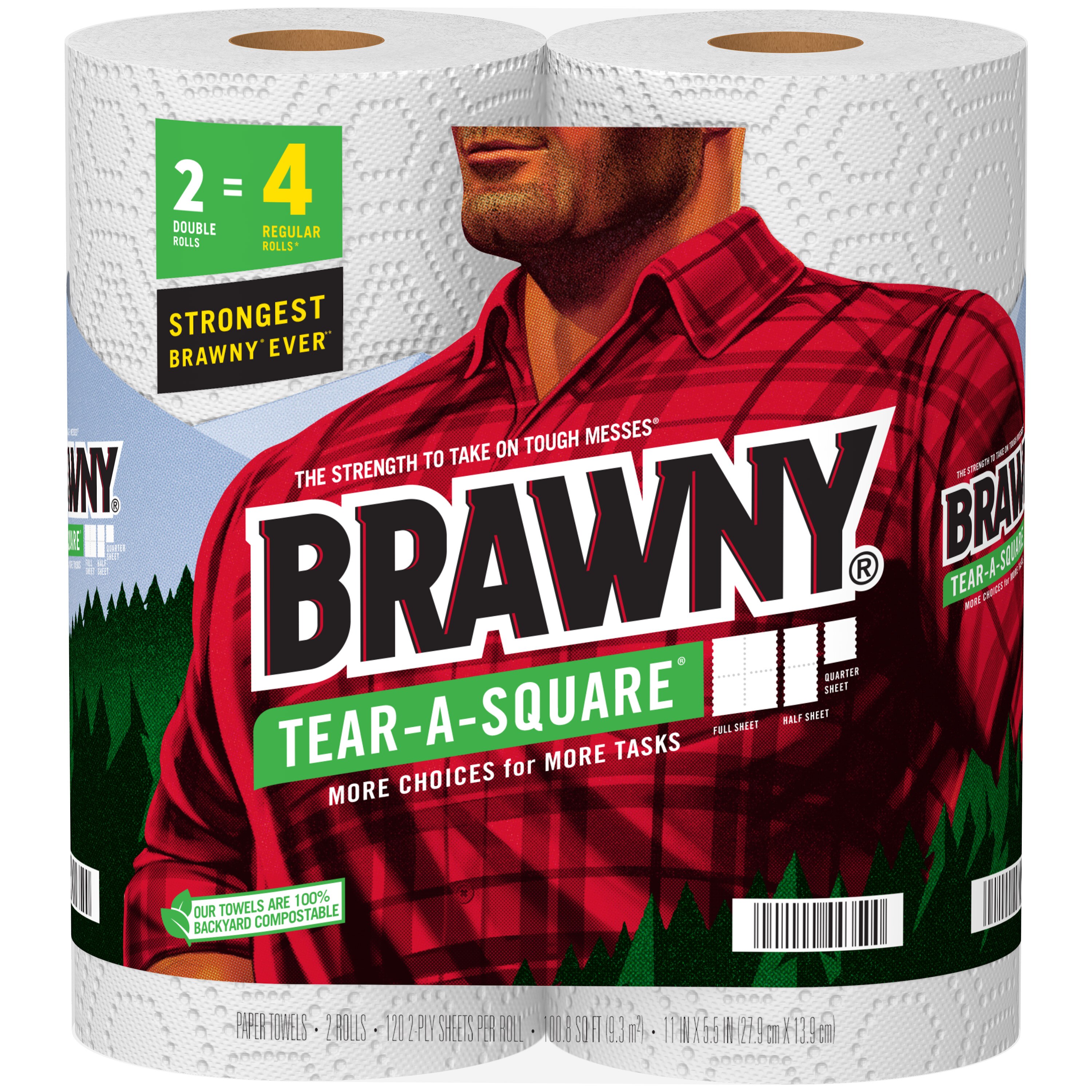 Brawny Tear-a-Square Paper Towels, 2 Double Rolls