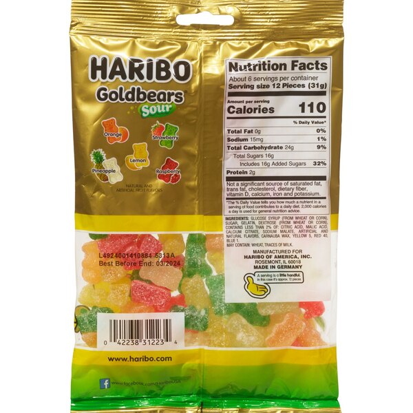 Haribo Gold Bears Gummi Candy Sour, 7 oz