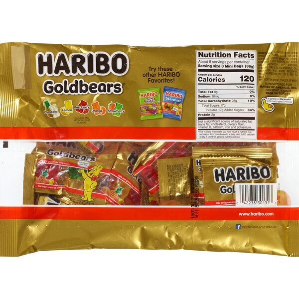 Haribo Gold Bears, Gummi Candy with Wrapped Pouches, Multipack Size, 9.5 oz