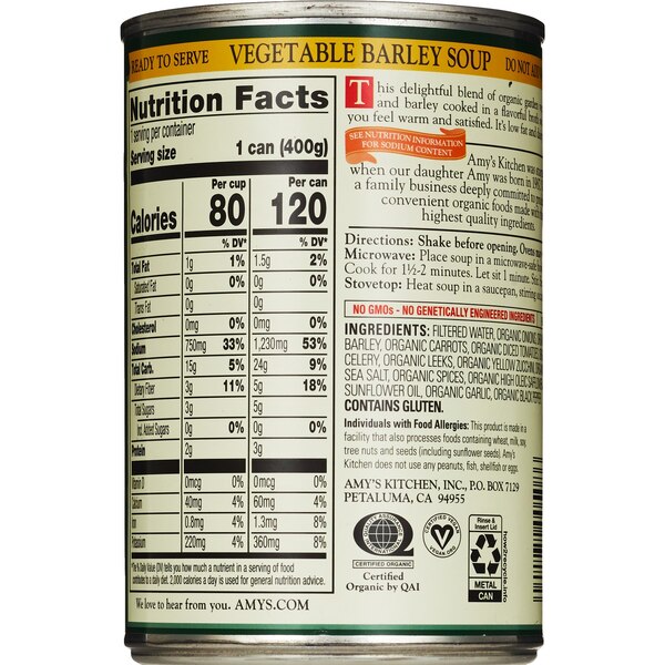 Amy's Organic Soups Low Fat, Vegetable Barley, 14.1 oz