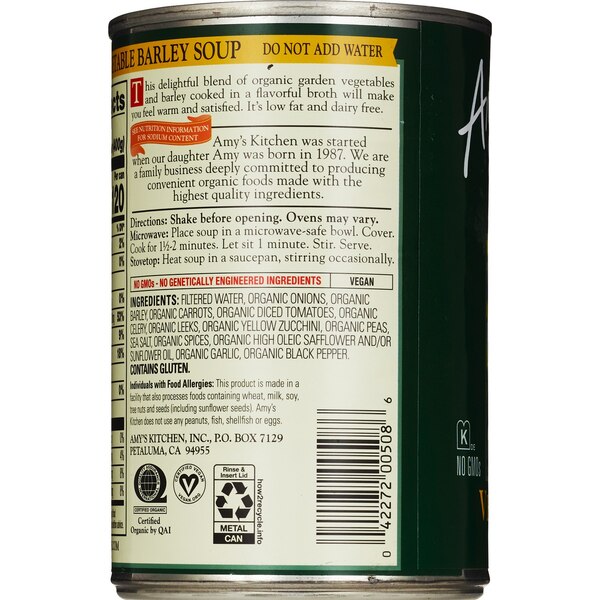 Amy's Organic Soups Low Fat, Vegetable Barley, 14.1 oz