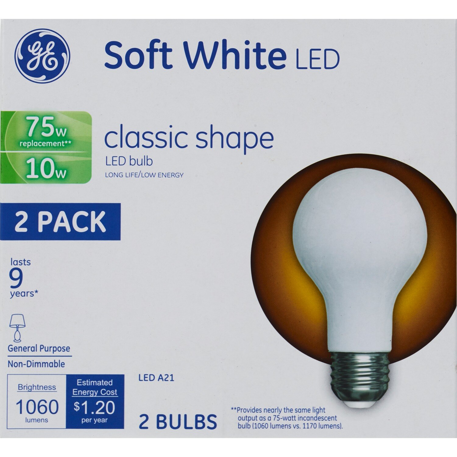 GE LED Classic Soft White A21 Light Bulbs, 10w, 2 CT