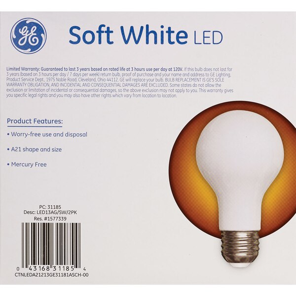 GE Classic Shape 13W Soft White LED Light Bulbs, A21, CT