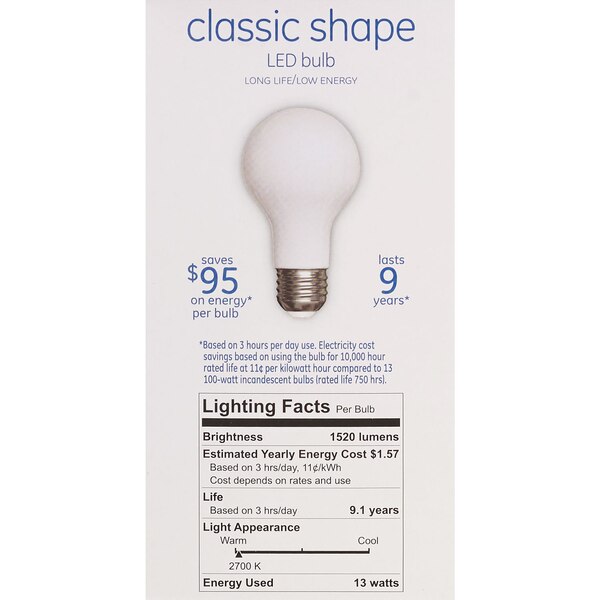GE Classic Shape 13W Soft White LED Light Bulbs, A21, CT