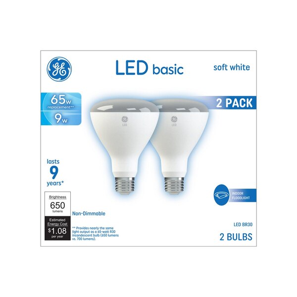 GE Indoor Flood 65W Equivalent Soft White BR30 LED Light Bulbs, Standard Base, 2 ct