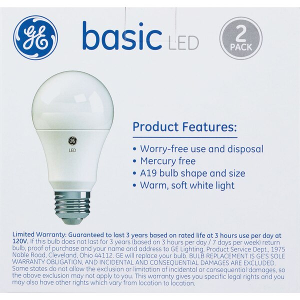 GE Basic LED Soft White 75W Light Bulbs, A19, 2 CT