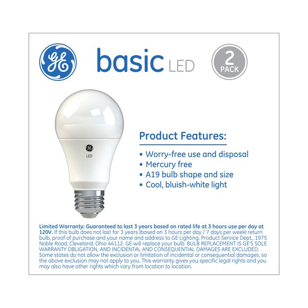 GE Basic Daylight LED 75W Replacement White General Purpose A19 Light Bulbs, 2 ct