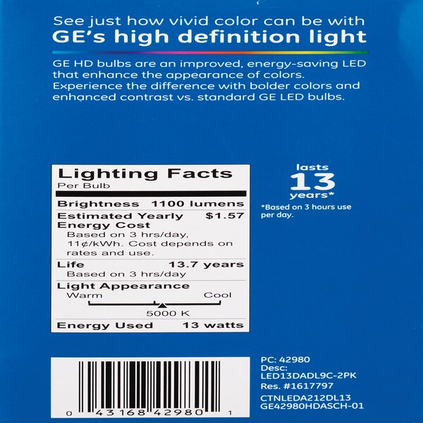 GE Refresh Daylight HD 75W LED Light Bulbs, A21, 2 CT