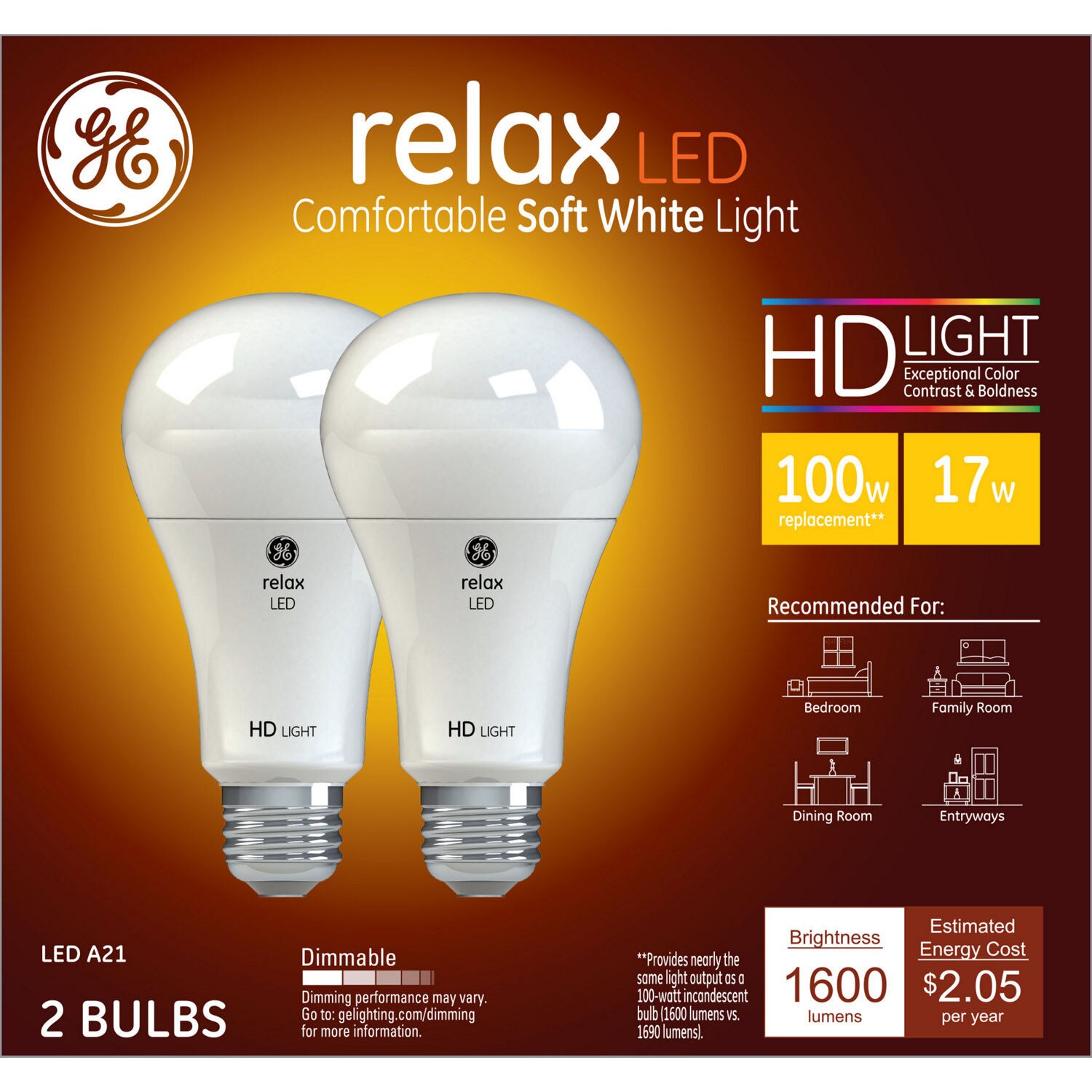 GE Relax HD 100W LED Light Bulbs, A21, 2 CT