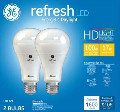 GE Refresh Daylight HD 100W LED Light Bulbs, A21, 2 CT