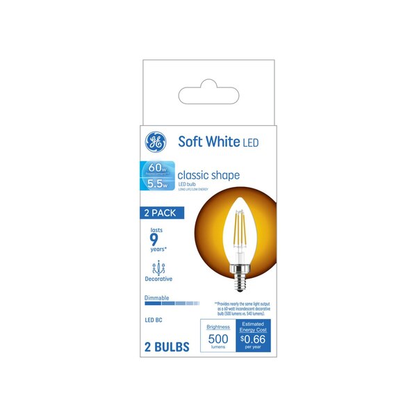GE Decorative Blunt Tip 60W Equivalent Soft White LED Light Bulbs, Dimmable, Small Base, 2 ct