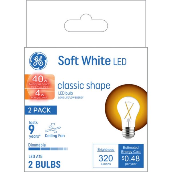GE 40W Equivalent Soft White A15 LED Light Bulbs, Dimmable, Standard Base, 2 ct