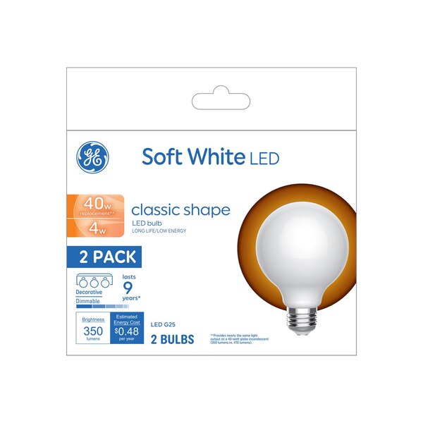 GE Decorative 40W Equivalent Soft White G25 LED Light Bulbs, Dimmable, Standard Base, 2 ct