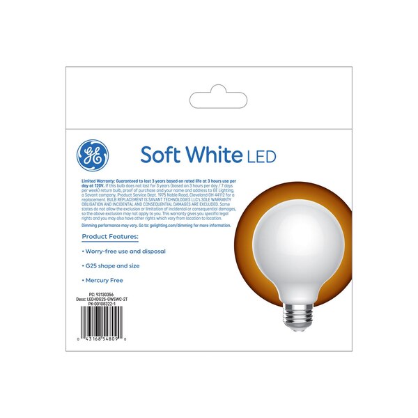 GE Decorative 40W Equivalent Soft White G25 LED Light Bulbs, Dimmable, Standard Base, 2 ct