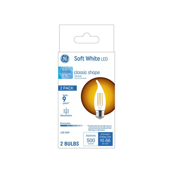 GE Decorative 60W Equivalent Soft White LED Light Bulbs, Dimmable, Standard Base, 2 ct