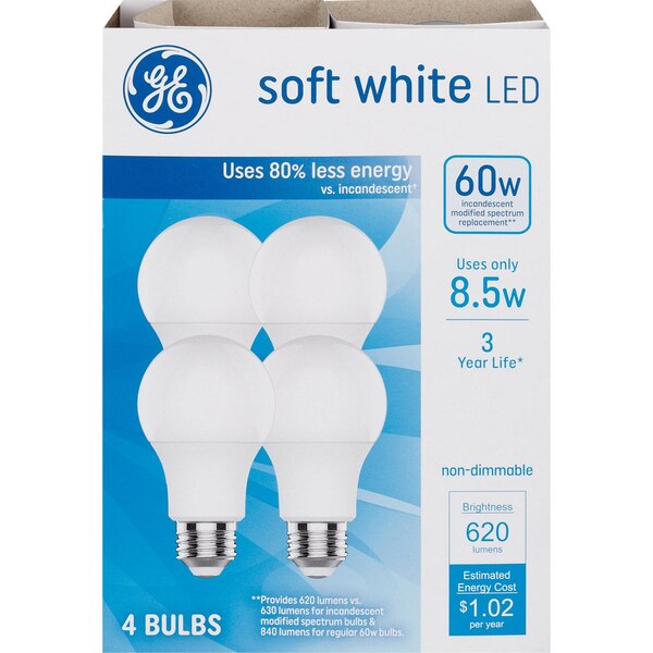 GE 60W Soft White A19 LED Light Bulbs, Standard Base, 4 ct