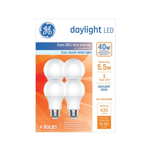 GE 40W Equivalent Daylight A19 LED Light Bulbs, Standard Base, 4 ct