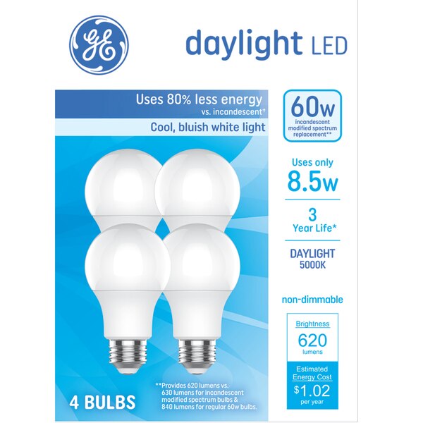 GE 60W Equivalent Daylight A19 LED Light Bulbs, Standard Base, 4 ct