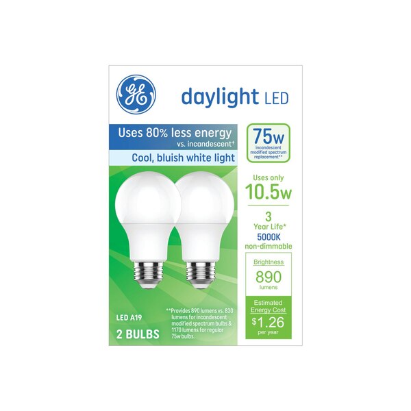 GE 75W Daylight A19 LED Light Bulbs, Standard Base, 2 ct
