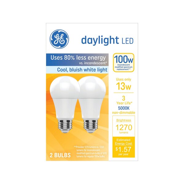 GE 100W Equivalent Daylight A19 LED Light Bulbs, Standard Base, 2 ct