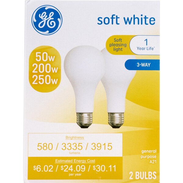 GE 3-Way 50-200-250W Soft White A21 Light Bulbs, Standard Base, 2 ct