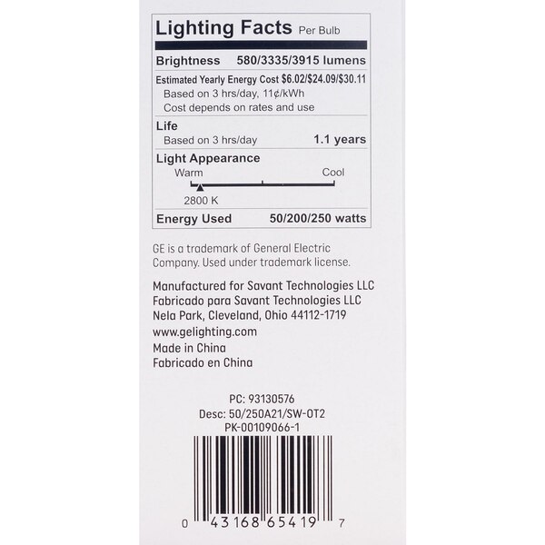 GE 3-Way 50-200-250W Soft White A21 Light Bulbs, Standard Base, 2 ct