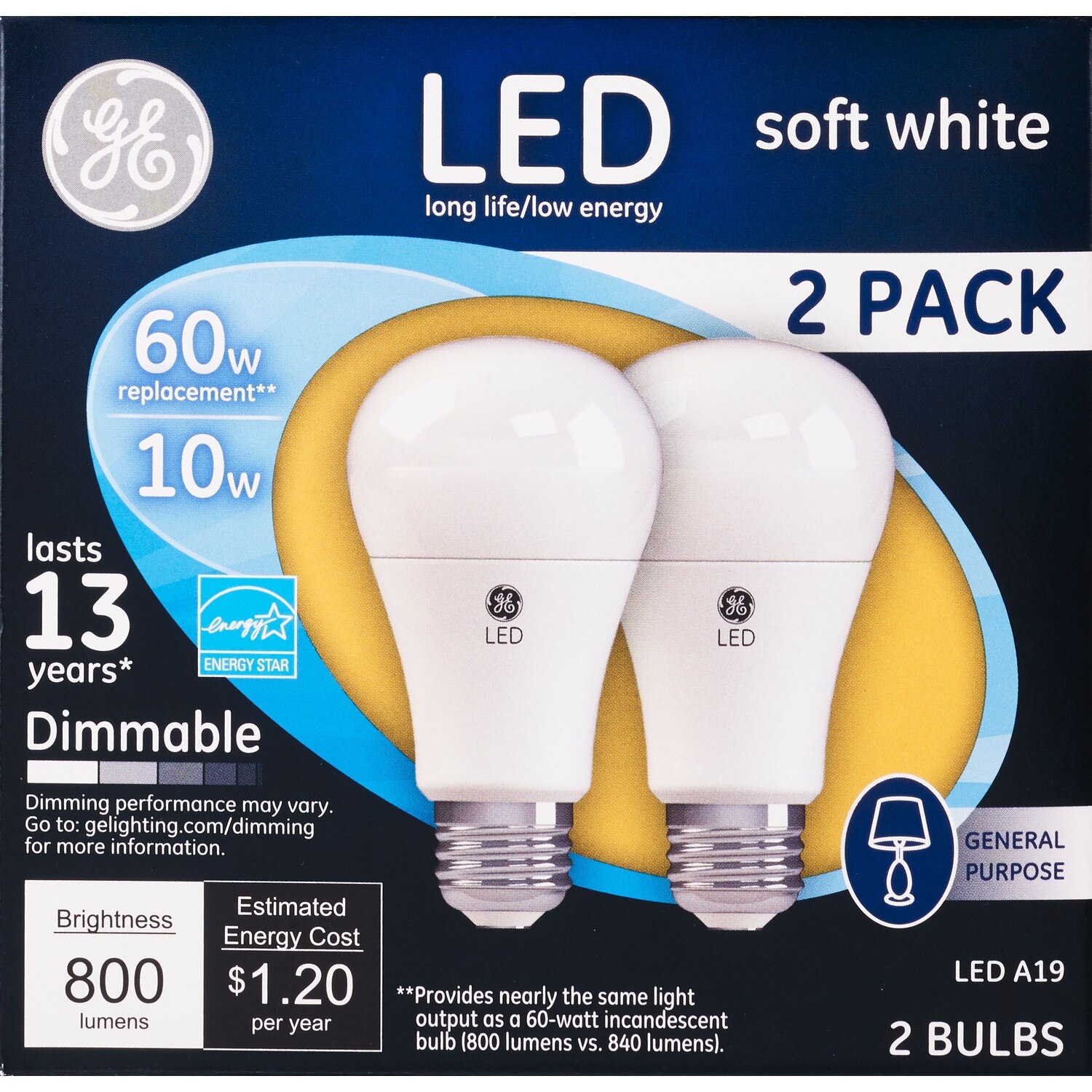 GE LED Soft White Dimmable A19 Light Bulbs, 10w, 2 CT