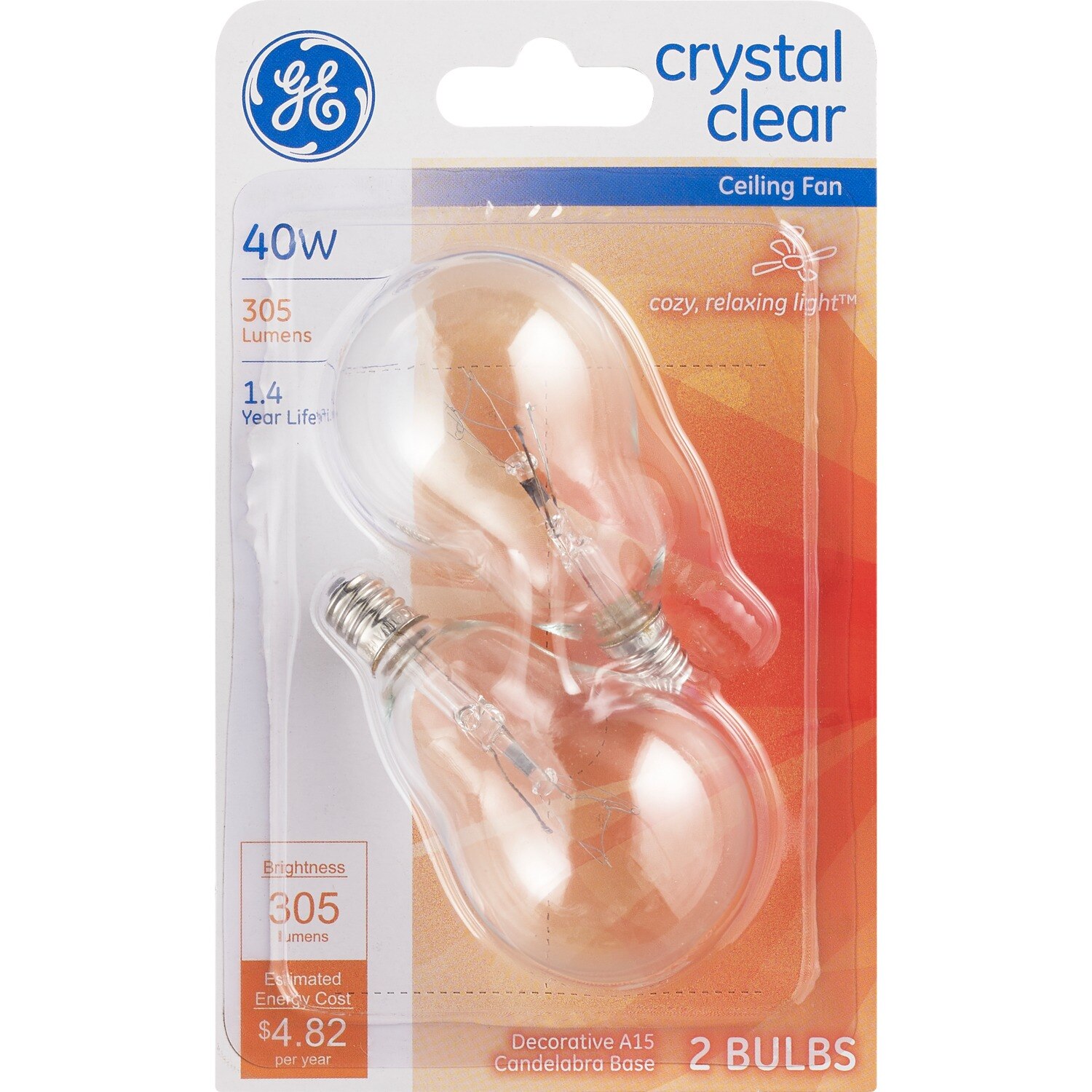 GE Crystal Clear - Bombilla con base de candelabro para ventiladores de techo, 40 vatios