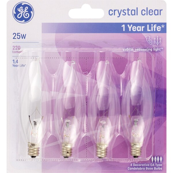 GE Decorative 25W Soft White CA Light Bulbs, Candelabra Base, 4 ct