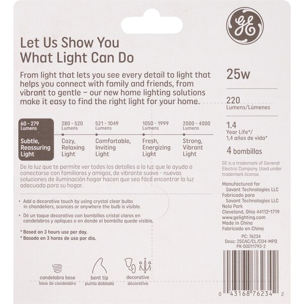 GE Decorative 25W Soft White CA Light Bulbs, Candelabra Base, 4 ct