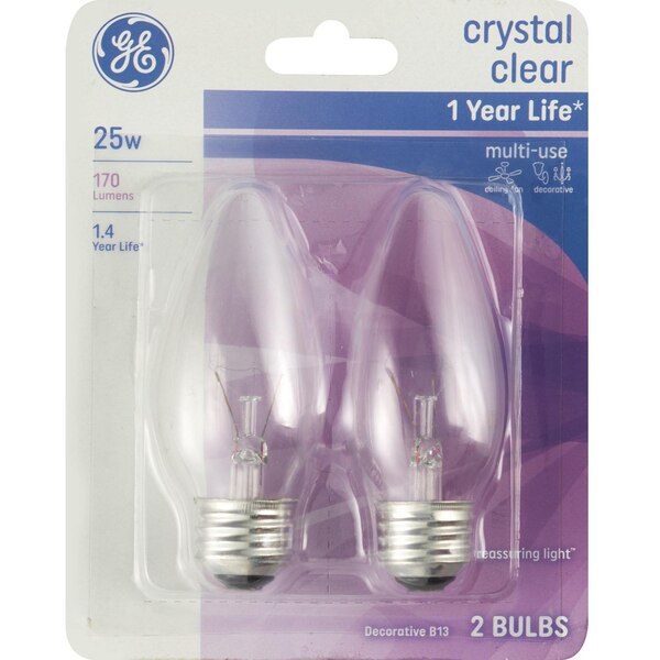 GE Decorative 25W Crystal Clear B13 Light Bulbs, Standard Base, 2 ct
