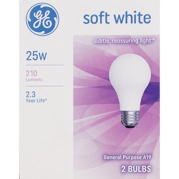 GE 25W Soft White A19 Light Bulbs, Standard Base, 2 ct