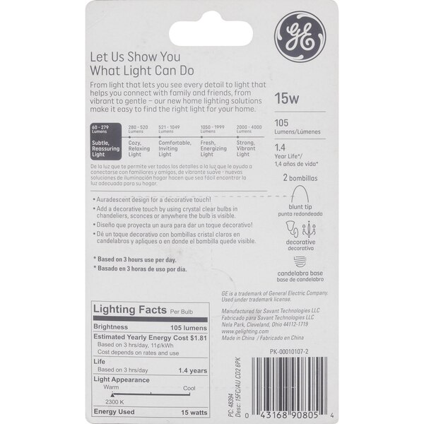 GE Decorative 15W Auradescent FC Light Bulbs, Candelabra Base, 2 ct