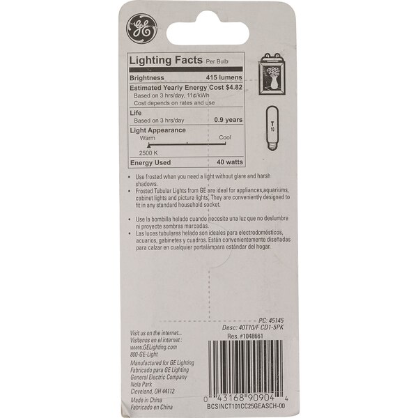 GE Tubular 40W Specialty Bulb, Frosted