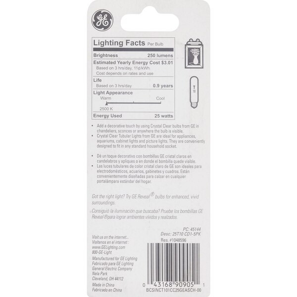GE Tubular 25W Clear T10 Light Bulb, Standard Base