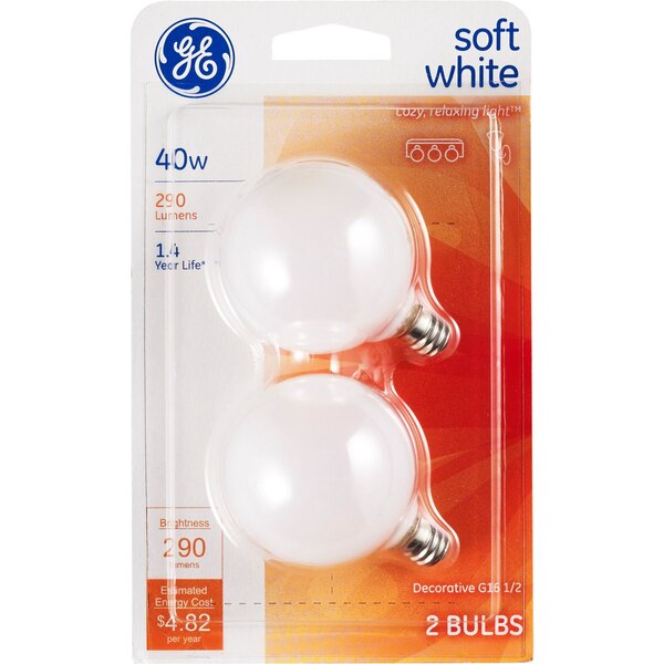 GE Decorative 40W Soft White G16 Light Bulbs, Standard Base, 2 ct