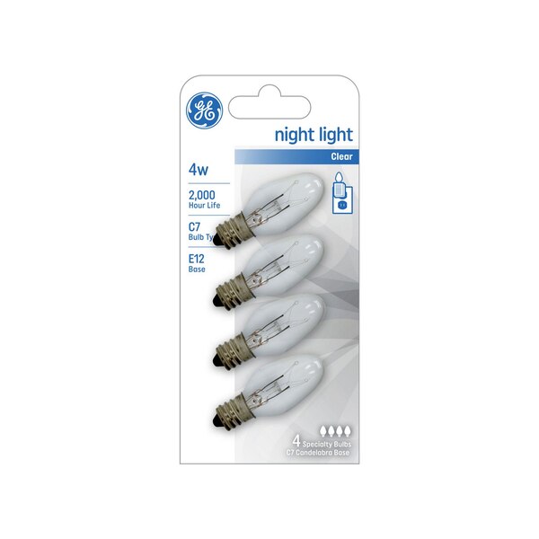 GE Night Light 4W Clear C7 Light Bulbs, Candelabra Base, 4 ct