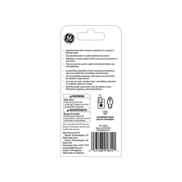 GE Night Light 4W Clear C7 Light Bulbs, Candelabra Base, 4 ct