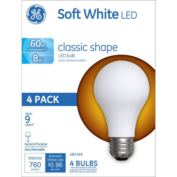 GE Lighting Non-Dimmable 60-Watt Class Shape Bulbs, LED A19, 4 ct