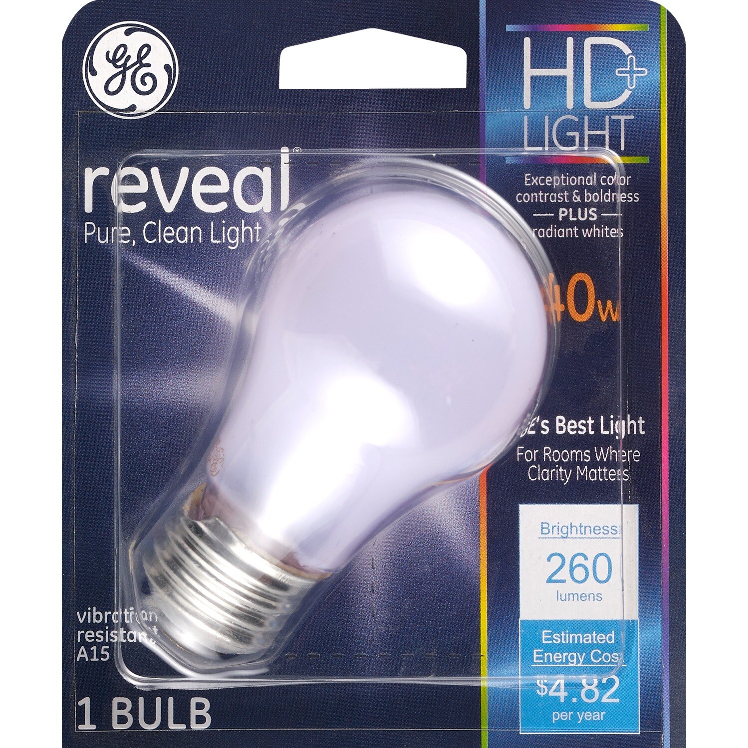 GE Reveal HD 40W Dimmable Ceiling Fan Light Bulb, A15, 1 CT