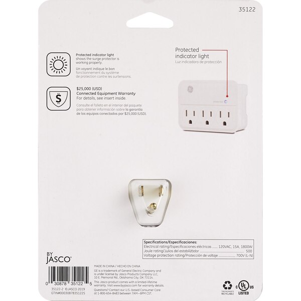 GE General Purpose 3-Outlet Surge Protector, White