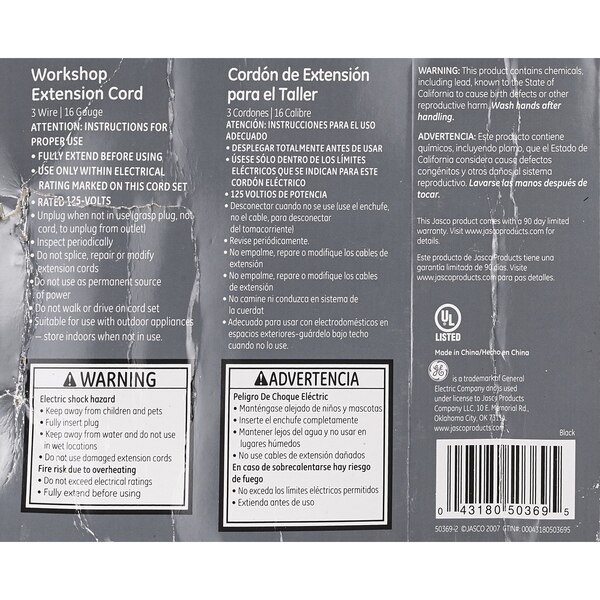 GE Workshop Extension Cord, 15'